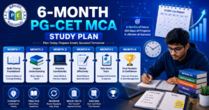 6-Month PG-CET MCA study plan infographic showing month-wise preparation strategy, revision schedule and mock test plan for Karnataka PGCET MCA 2027.